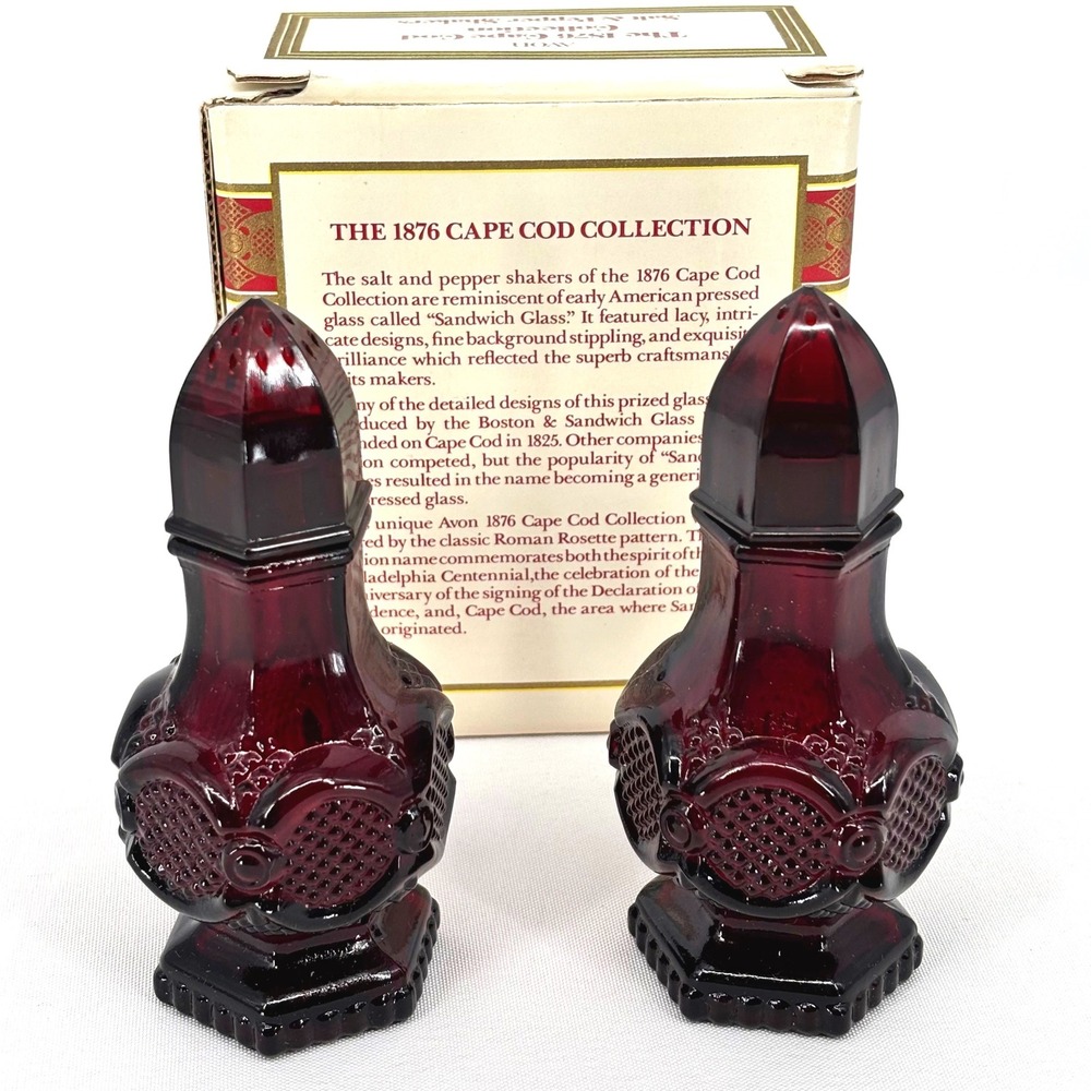 Avon 1876 Cape Cod Collection Ruby Red Glass Salt and Pepper Shakers Set Boxed